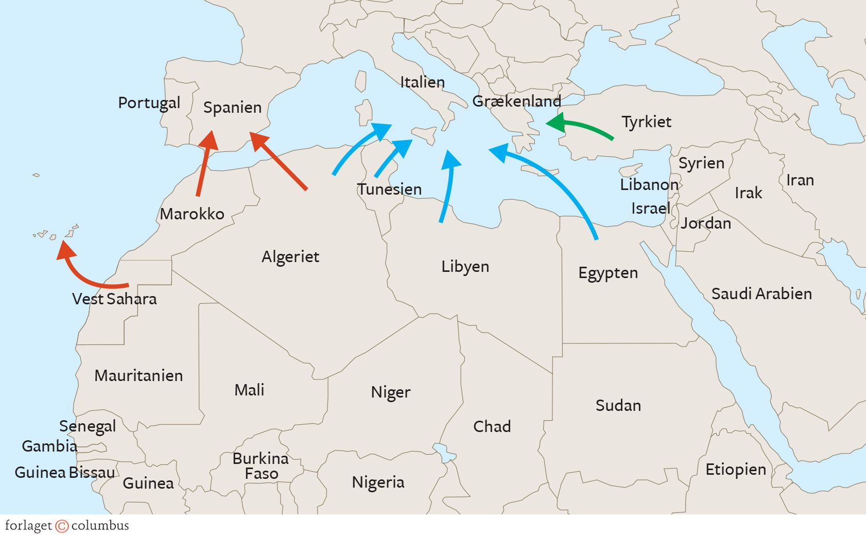 Figur 1.2 Migrationsruter over Middelhavet til Europa