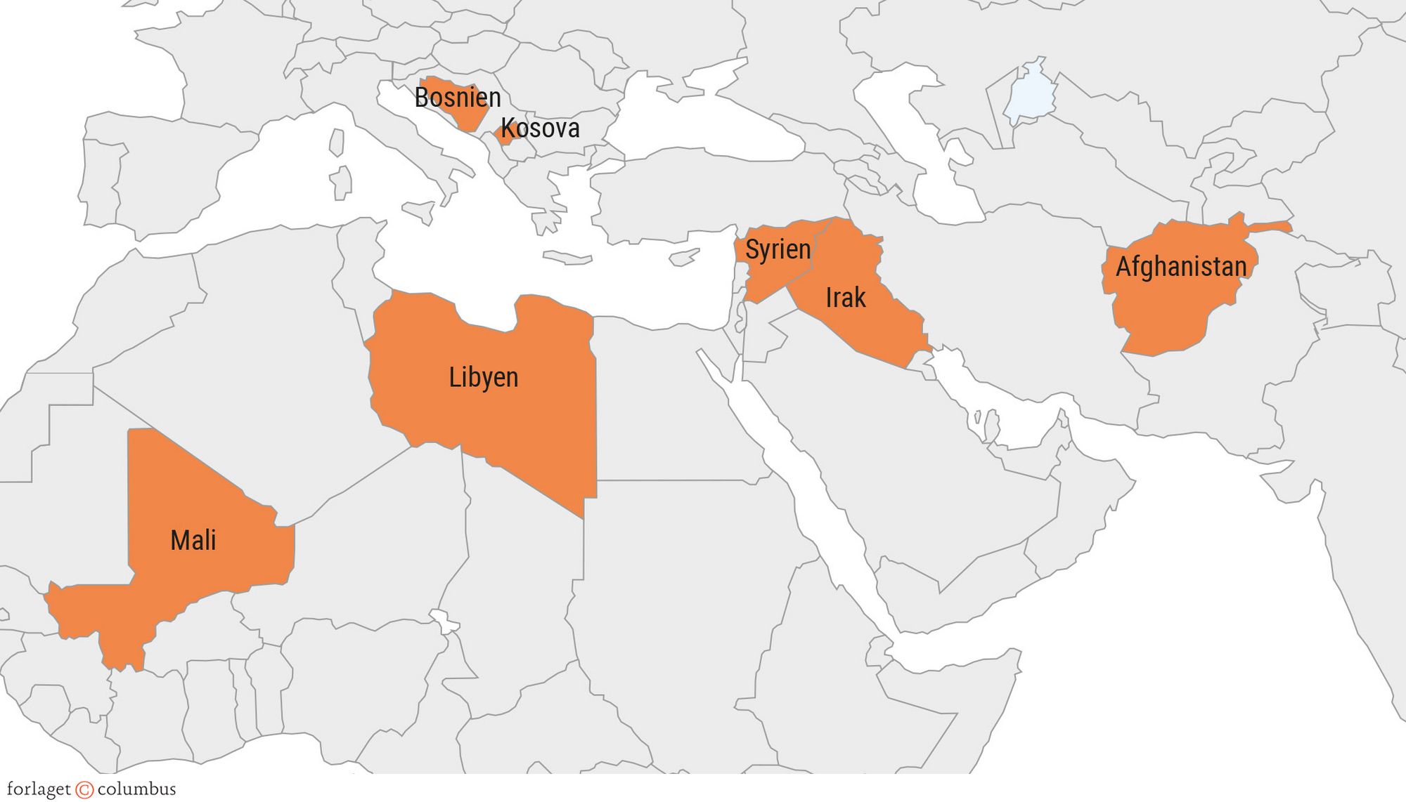 Figur 9.6. Arenaerne for Danmarks krige siden 1990