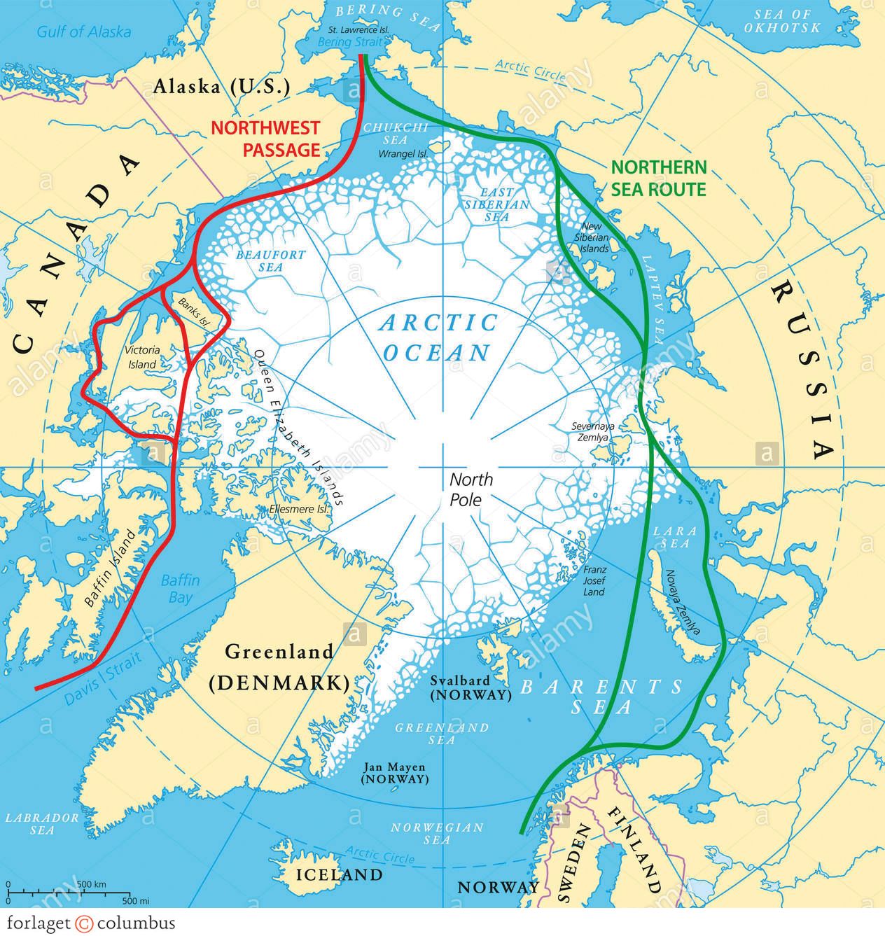 Figur 9.7 De vigtigste sejlruter i Det Arktiske Ocean